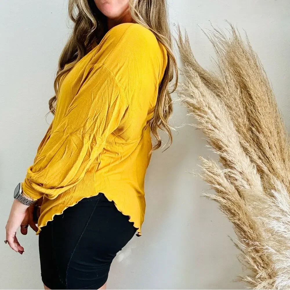 FP FREE PEOPLE Gold Mustard Ruffle Knit Open Back Balloon Sleeve Blouse Top XS
